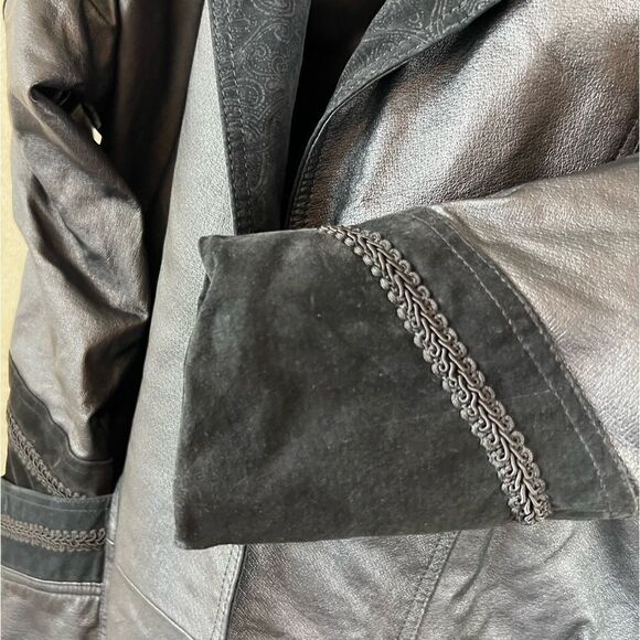 Vintage Greg Bell Leather 80’s Matrix Black Paisley Patchwork Long Trench Coat - Picture 13 of 16